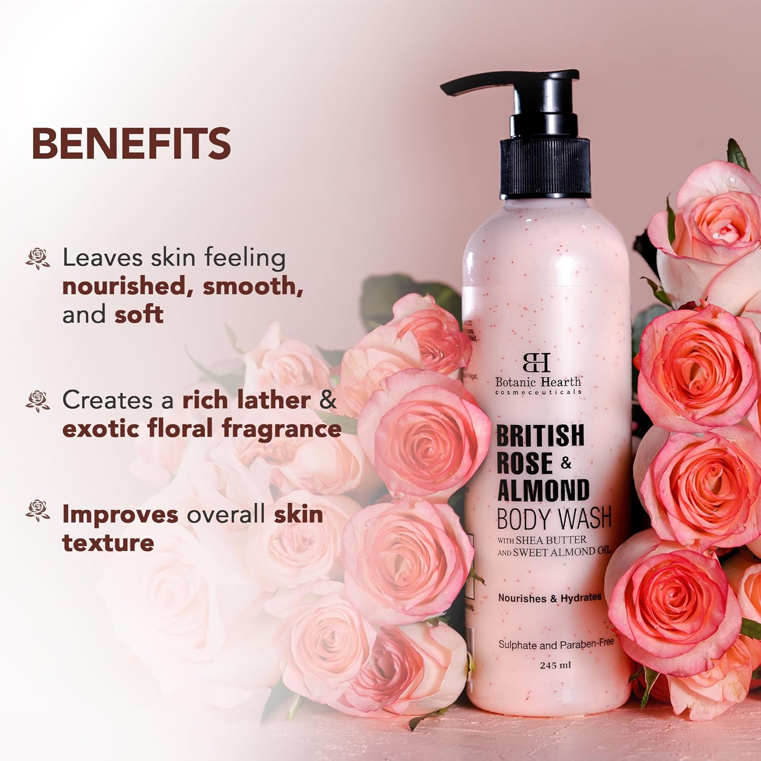 Botanic Hearth British Rose & Almond Body Wash Shower Gel for Women & Men with Shea Butter | Moisturizing & Softening Body Wash for Men & Women | Sulfate & Paraben Free | 245ml