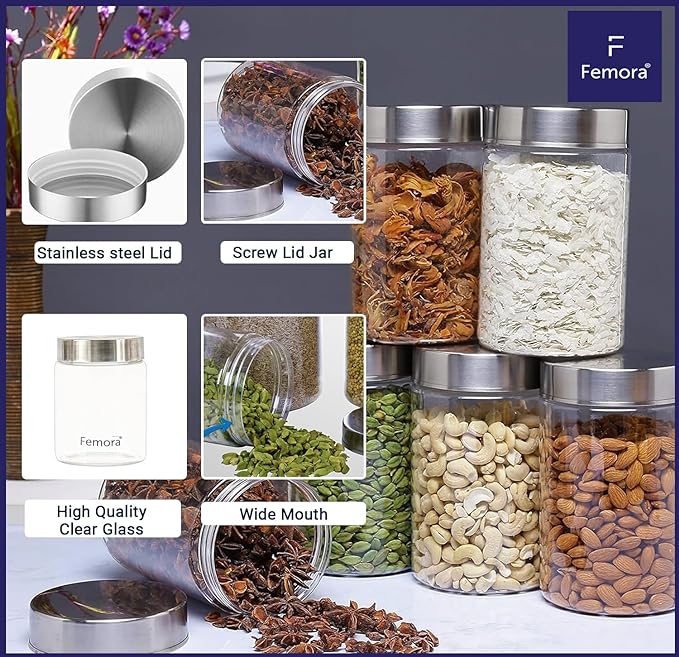 Femora Kitchen Storage Jars Borosilicate Glass With Steel Lid Air Tight Kitchen Jar and Container | 1600 ML | Pack of 2