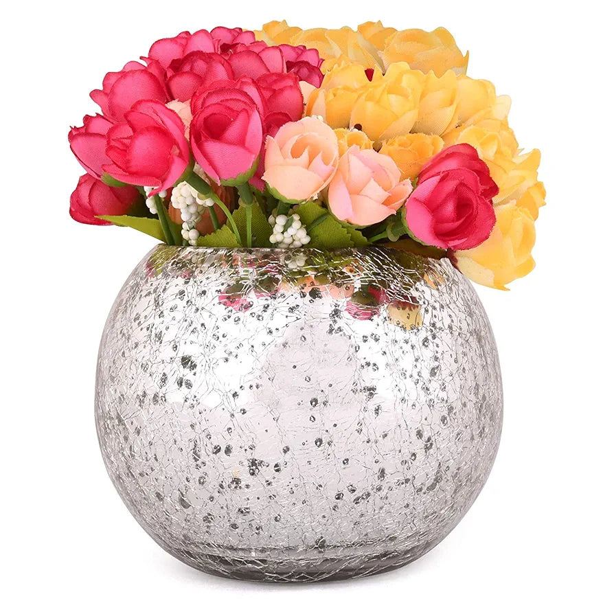 Artificial Flowers with Glass Vase Multicolour Diwali Decoration Items