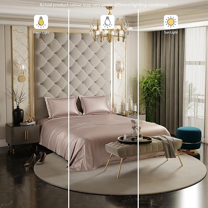 Stoa Paris Satin Bedsheets For Double Bed 300Tc Premium Bedsheet With 2 Pillow Covers Colour Champagne