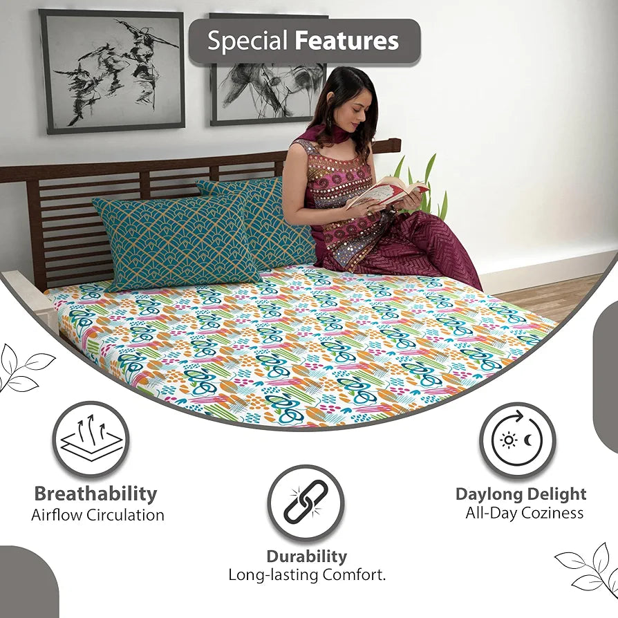 Divine Casa 144 TC Cotton Bedsheet for Double Bed with 2 Pillow Cover Colour Teal & Mustard