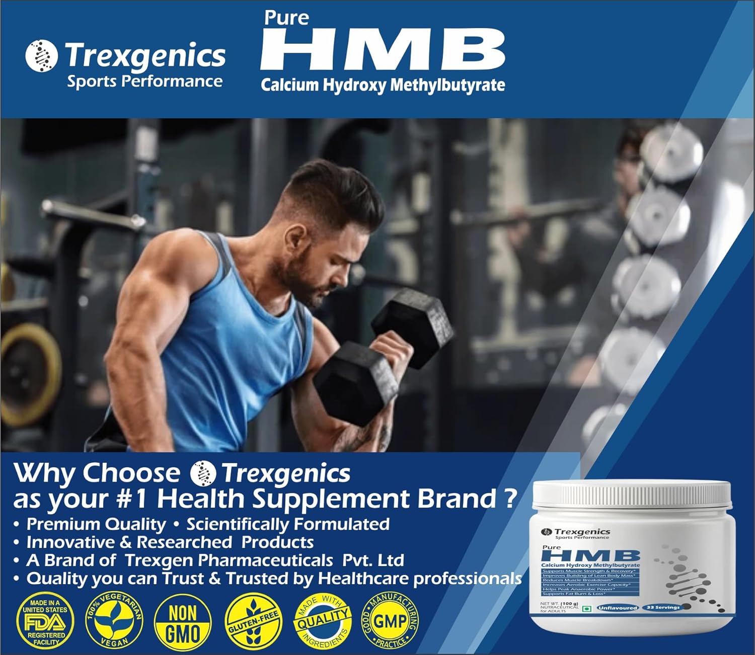Trexgenics HMB CALCIUM PURE POWDER - 33 SERVINGS (ÃŸ-Hydroxy ÃŸ-Methylbutyrate Calcium), Lean Muscle Mass, Strength, Exercise Performance (100 GRAM)