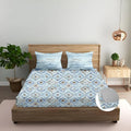 Trance Home Linen 100% Cotton 180 TC Bedsheet Printed Fitted Bedspread with 2 Pillow Covers Colour Silken Mosaic Blue