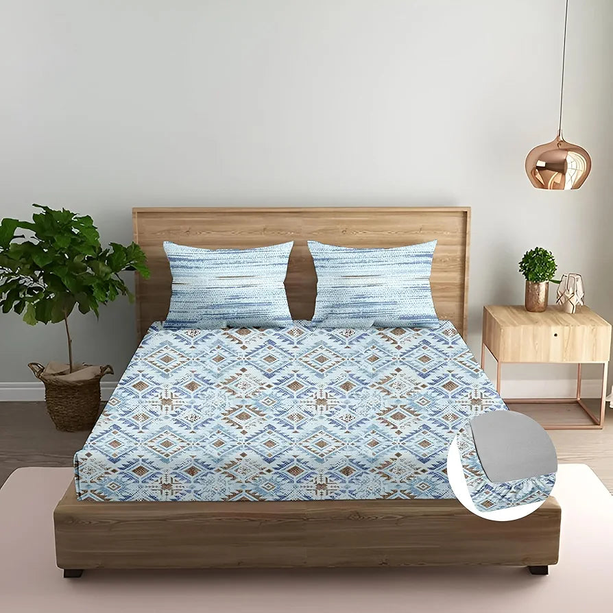 Trance Home Linen 100% Cotton 180 TC Double Bedsheet Printed Fitted Bedspread with 2 Pillow Covers Colour Silken Mosaic Blue