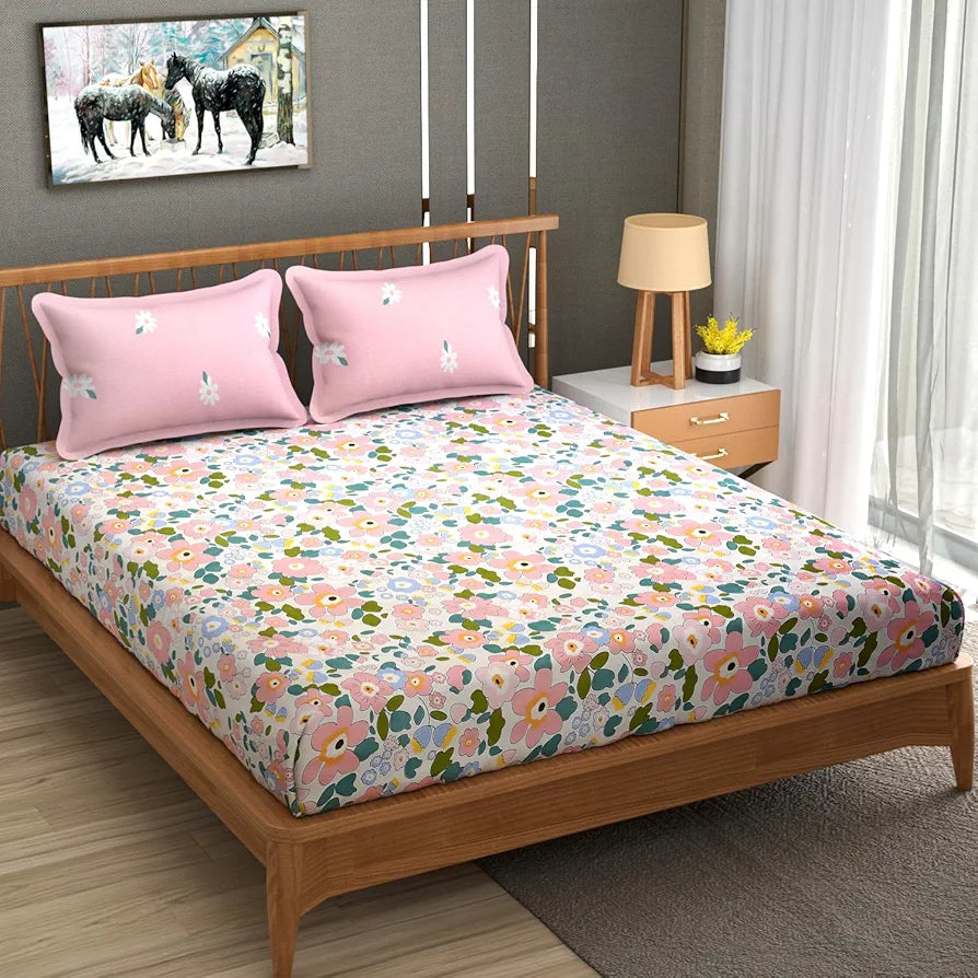 Homefab India 210 TC Glace Cotton King Size BedSheet with 2 Pillow Covers Floral Pink