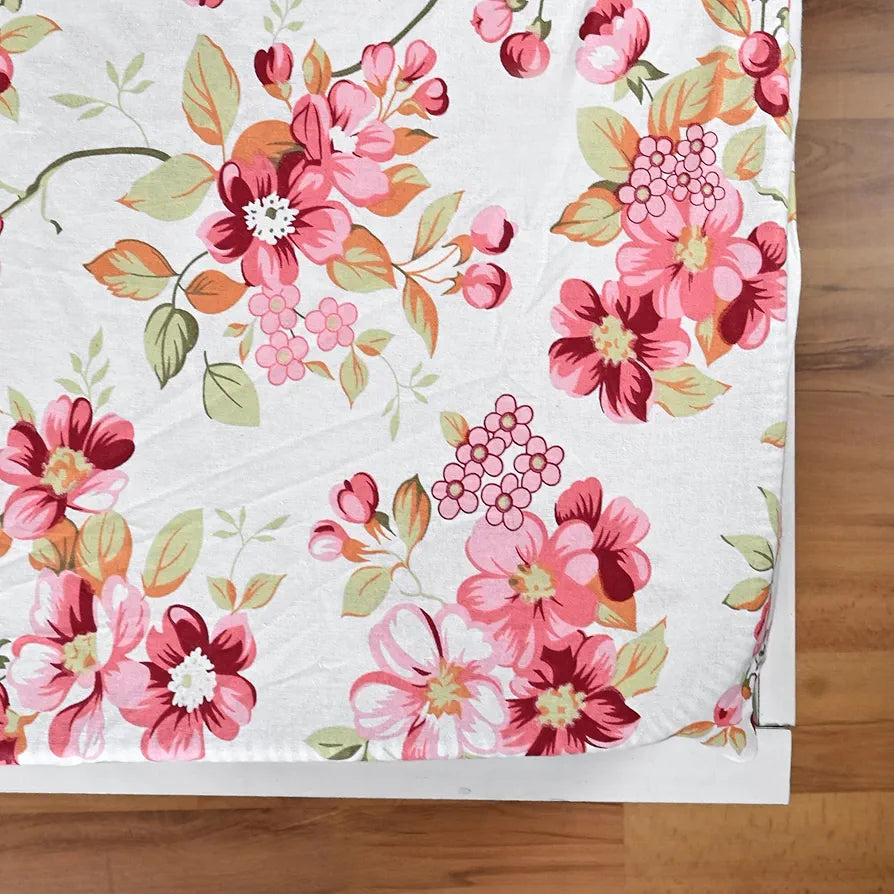 Divine Casa Floret 100% Cotton King Fitted Bedsheet 144 TC Deep Pocket Design Soft & Breathable Fabric Colour Rosy Retreat