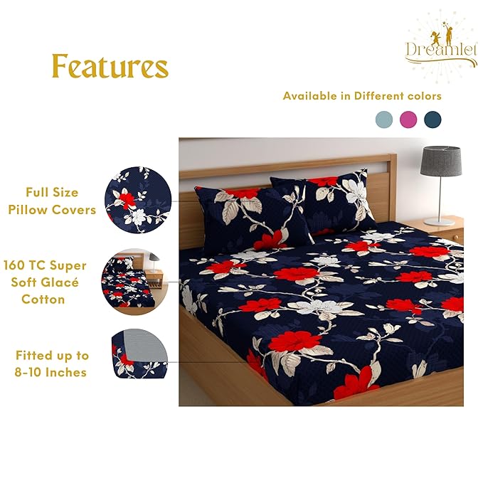 Dreamlet Elastic Fitted Bedsheets Double Bed Size, 180tc Glace Cotton Bedsheet With 2 Pillow Covers | Navy Blue