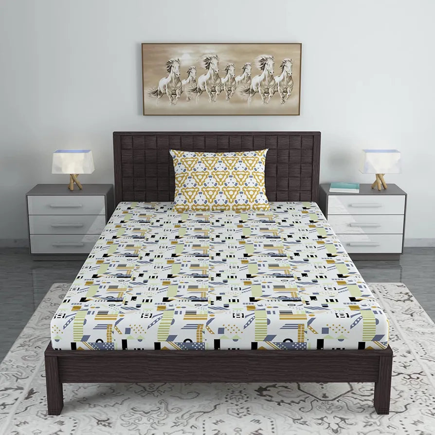 Divine Casa 144 TC Cotton Bedsheet for Single Bed with 1 Pillow Cover Colour Yellow & White