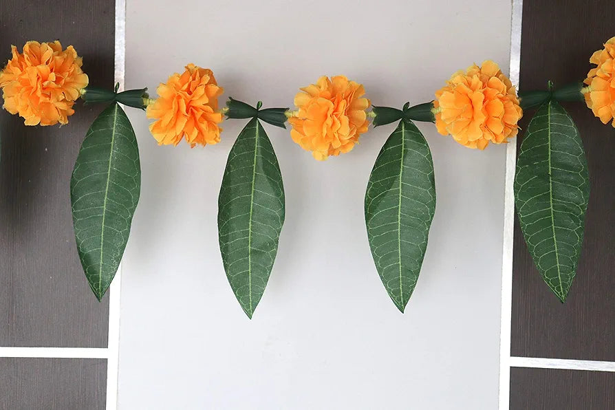 Reusable Artificial Flowers Hanging Garlands with Mango Leaf Artificial Marigold Genda Flowers Toran