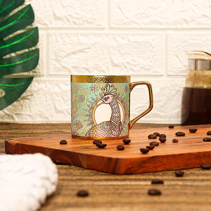 Femora Bone China Gloden Tea Cup | Crowned Peacock | 160 Ml | 6 Pieces | Brown