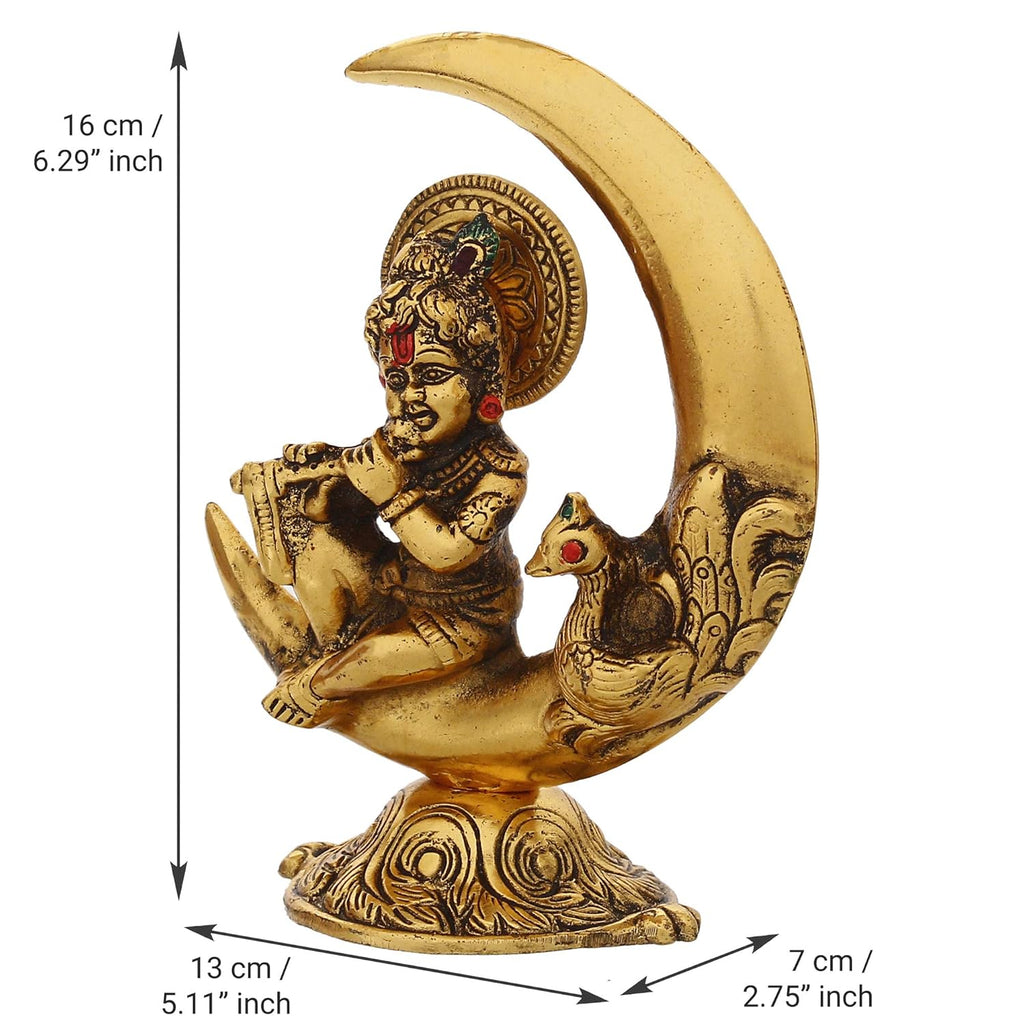 Ecraftindia Golden Metal Handcrafted Lord Krishna Idol Playing Flute and Sitting on Half Moon Decorative Showpiece for Home Decor