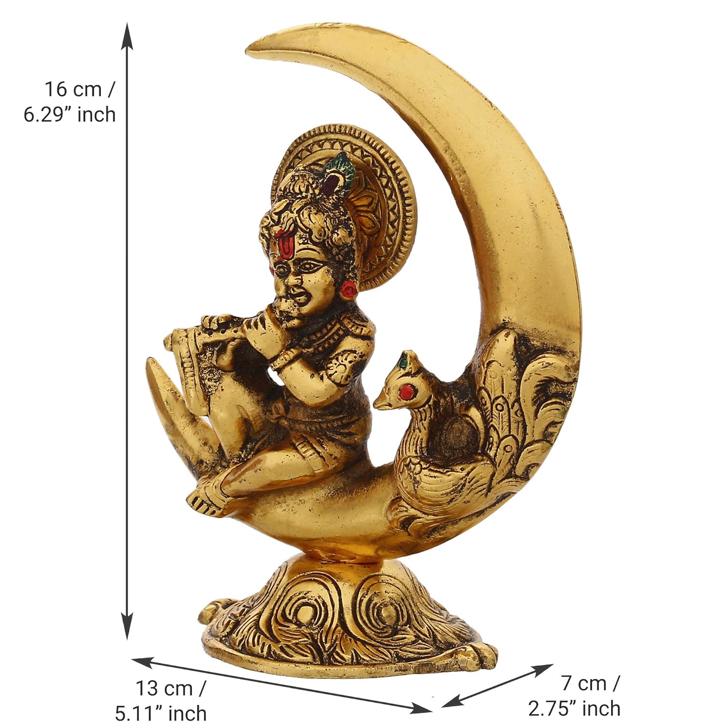 Ecraftindia Golden Metal Handcrafted Lord Krishna Idol Playing Flute and Sitting on Half Moon Decorative Showpiece for Home Decor