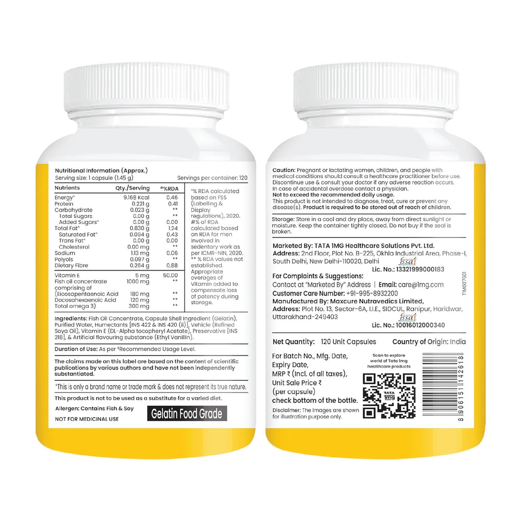 Tata 1mg Salmon Omega 3 Fish Oil Supplements 1000mg - 120 Capsules |Triglyceride form | 180mg EPA & 120mg DHA | High Absorption for Heart,Brain & Joints | Helps Manage Cholesterol