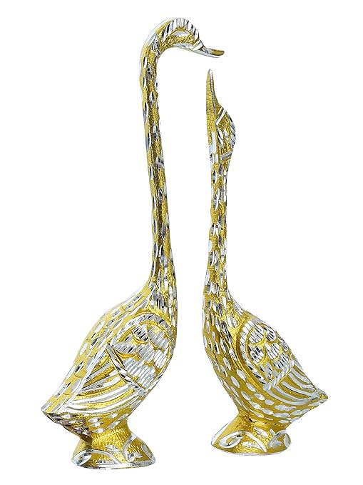 Ecraftindia Silver and Golden Metal Kissing Swan Couple Showpiece | Love Birds Statue