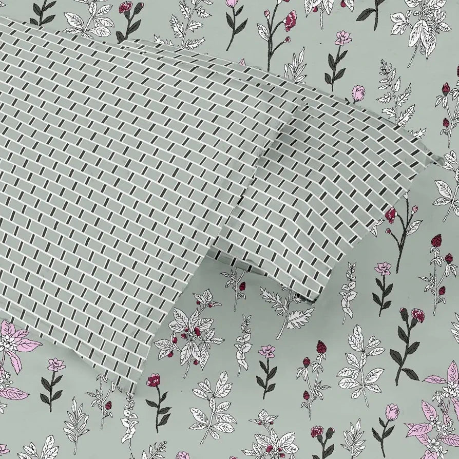 Trance Home Linen 100% Cotton 180 TC 75"X60" Double Bed Size Elastic Fitted Bedsheet With 2 Pillow Covers Queen Colour Misty Green Carnations