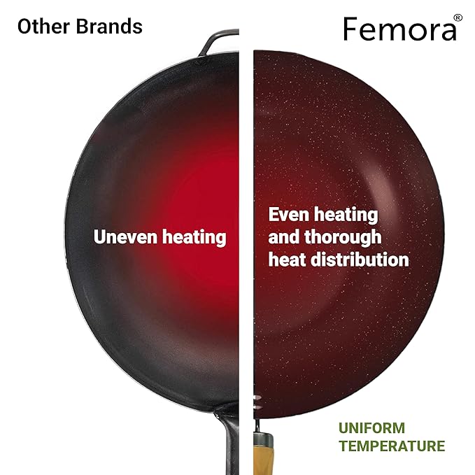 Femora Carbon Steel Wok 30 Cm With Wooden Handle | 3 Layer Non-stick Coating Wok | Black