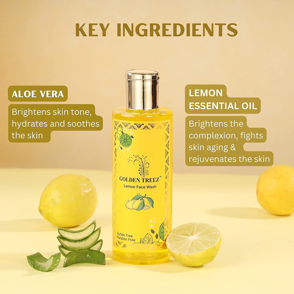 Golden Treez Lemon Face Wash For Men And Women With Aloevera And Lemon Skin Brightening, acne (pimples) And Tan Removal - Natural, Sulfate and Paraben Free Facewash - All Types of Skin- 210 ml
