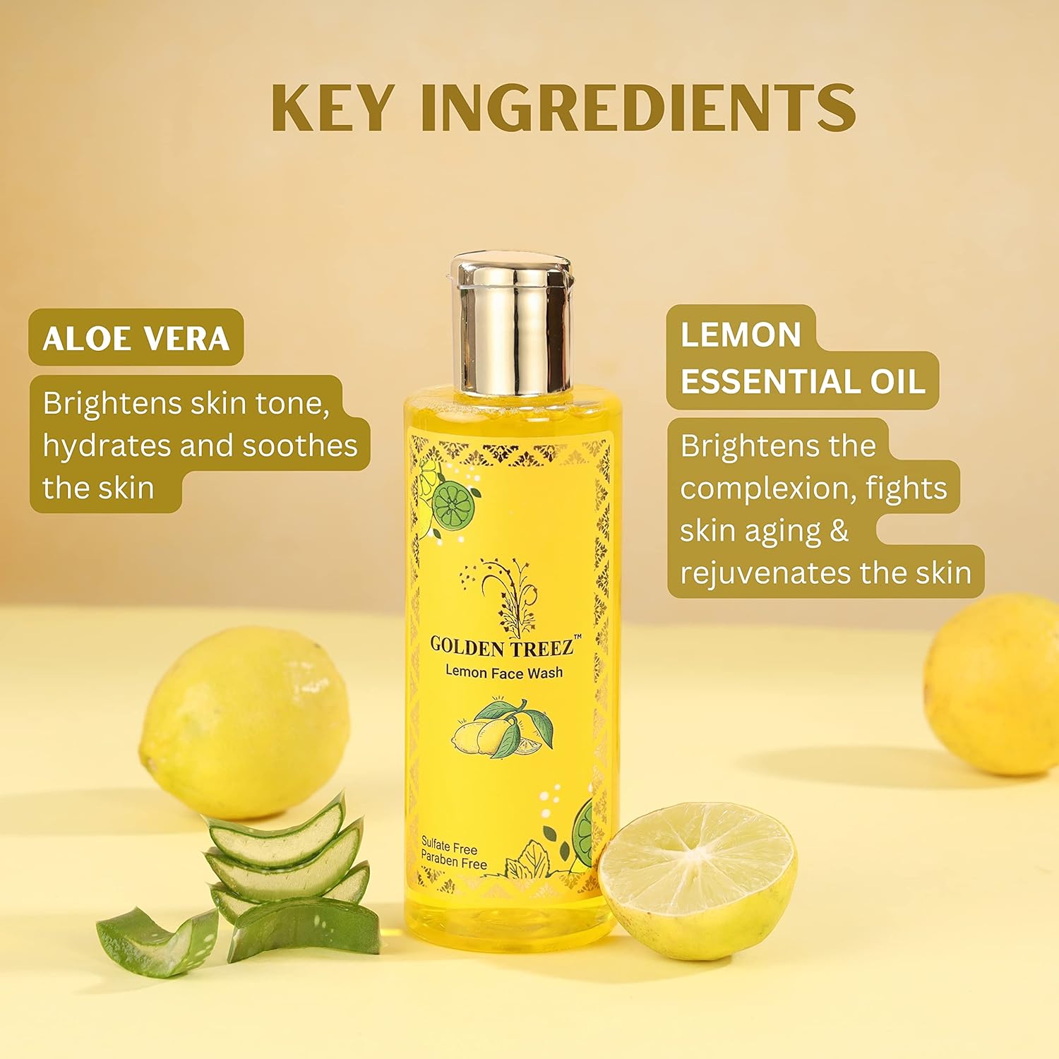 Golden Treez Lemon Face Wash For Men And Women With Aloevera And Lemon Skin Brightening, acne (pimples) And Tan Removal - Natural, Sulfate and Paraben Free Facewash - All Types of Skin- 210 ml