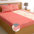 Dreamscape Cotton Floral King Fitted Bedsheet with 2 Pillow Covers Peach Bougainvillea
