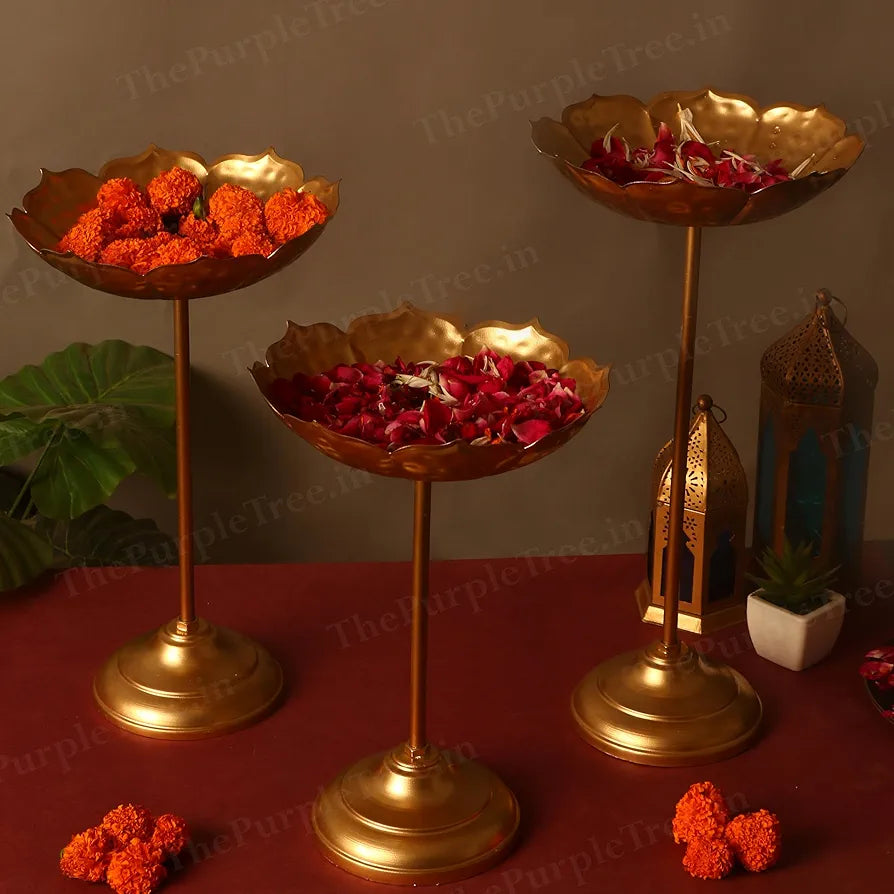 The Purple Tree Beautiful Handcrafted Lotus Urli Bowl With Stands Floating Flowers And Tea Light Candles Golden Lotus Urli with Stand 3 pc