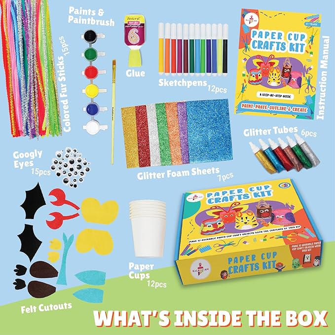 Kalakaram Paper Craft Kit for Kids  Diy Fun Activity Kit | Paper Cup Painting and Craft Kit | Kids Educational Activity Kit