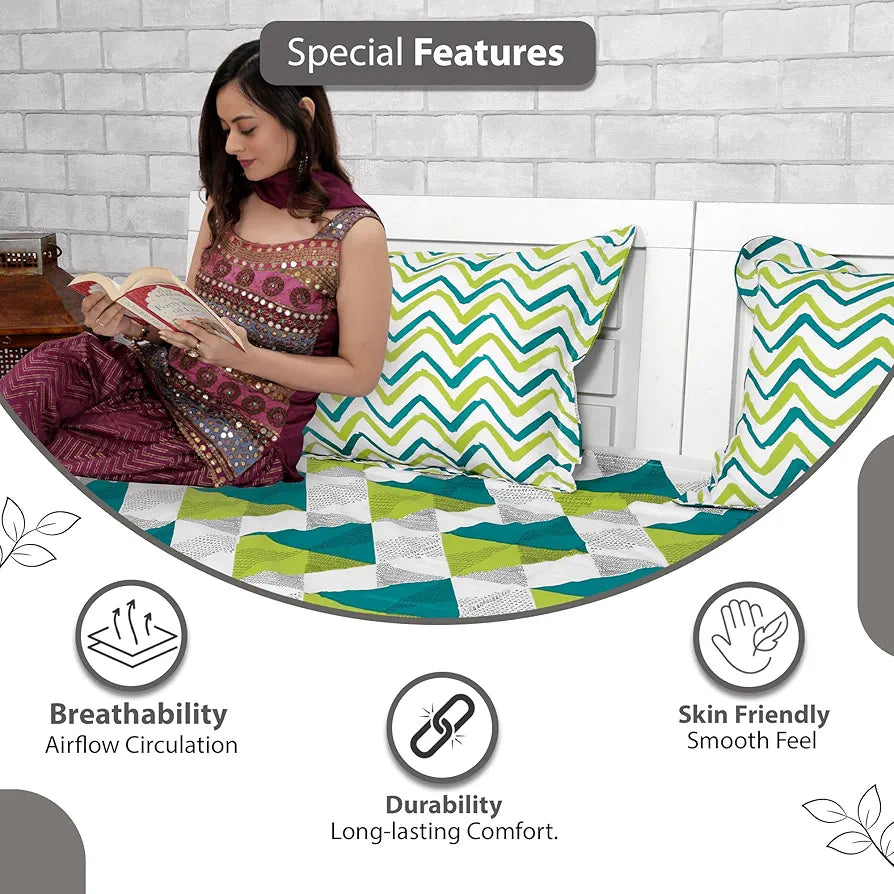 Divine Casa 144 TC 100% Cotton Double Bedsheet with 2 Pillow Covers Floral Pattern Colour Sky Blue & Lemon