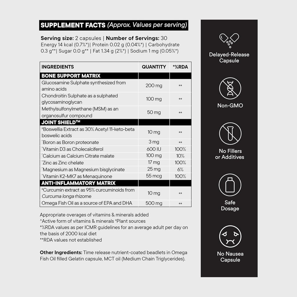 Wellbeing Nutrition Slow Bone Support Capsule for Men and Women | Bone and Joint Vitamin Supplements | Glucosamine, Chondroitin, MSM, Calcium | For joint mobility and bone strength (60 Capsules)