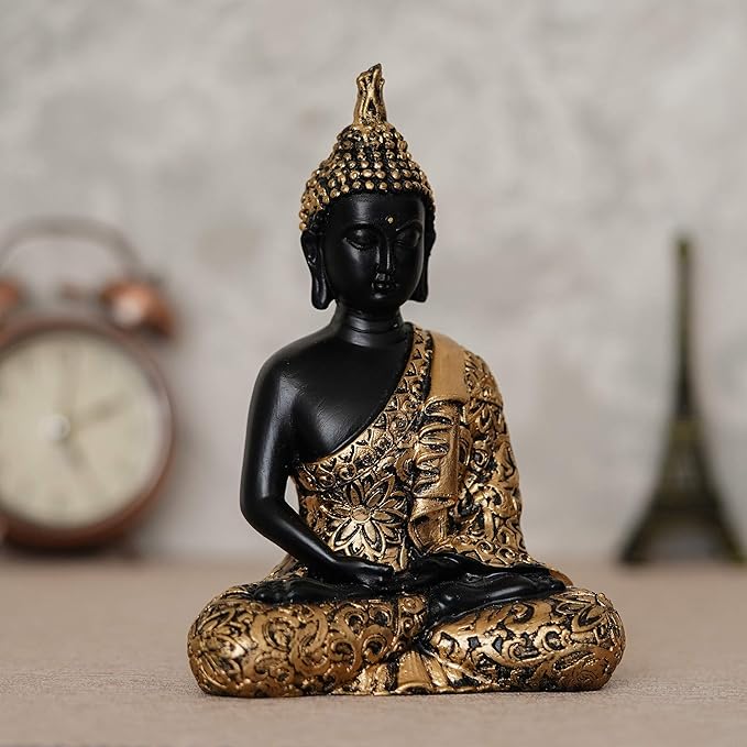 Ecraftindia Black Golden Resin Handcrafted Meditating Lord Buddha Idol for Home Decor