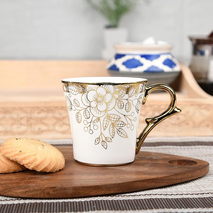 Femora Premium Gold Floral Buds Leaves Ceramic Coffee & Tea Cup Set of 6 | 160 Ml