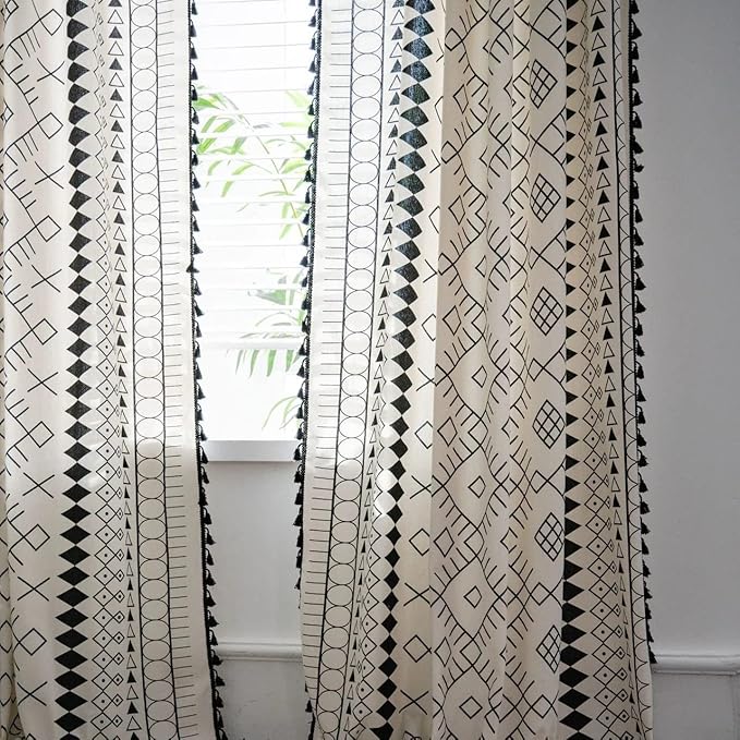 Huesland Cotton Curtains for Door, 7 Feet Long 1 Bohemian Eyelet Curtain | Boho Tribal White & Black