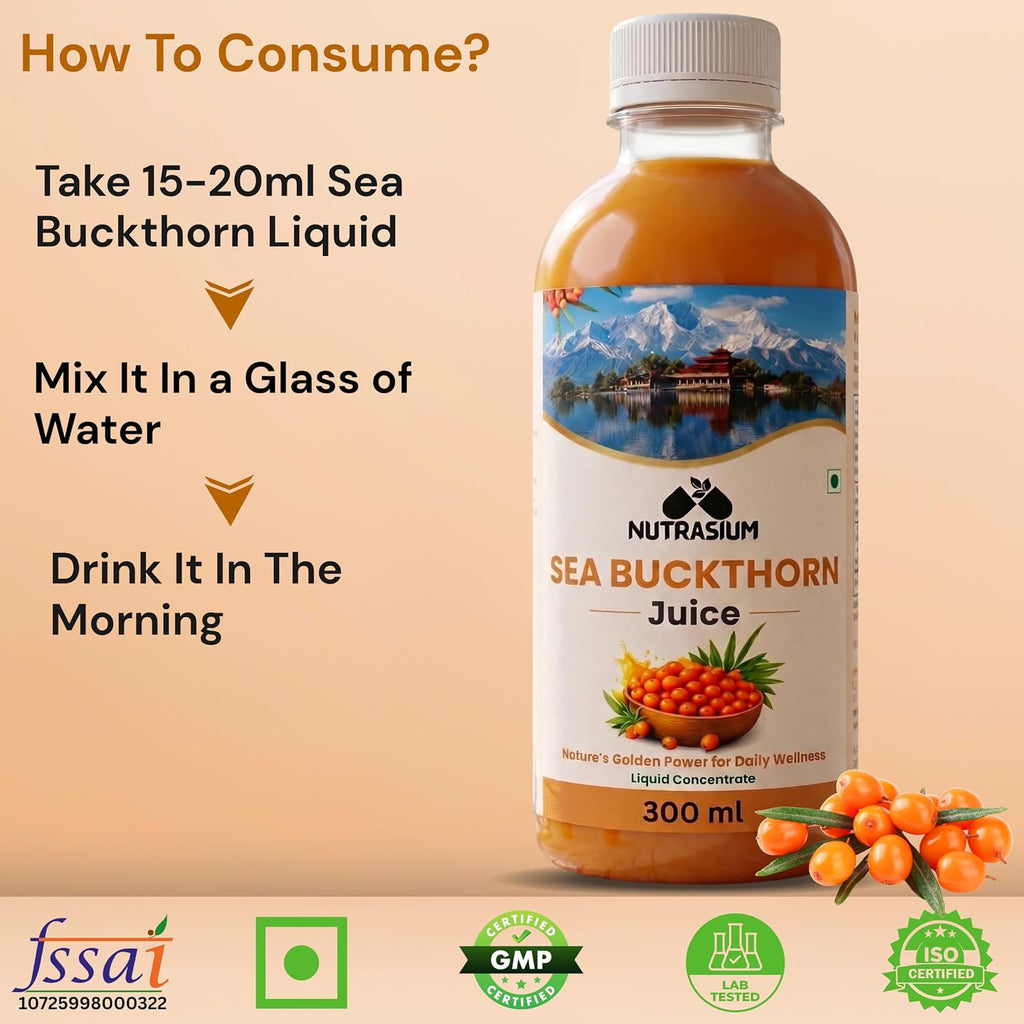 Nutrasium Sea Buckthorn Juice - 300 ml | Pulp Concentrate Made for Your Total Wellness Support |Natural Source of Vitamin C, Omega 3 6 7 9, Antioxidants For Immunity, Skin Glow & Gut Health