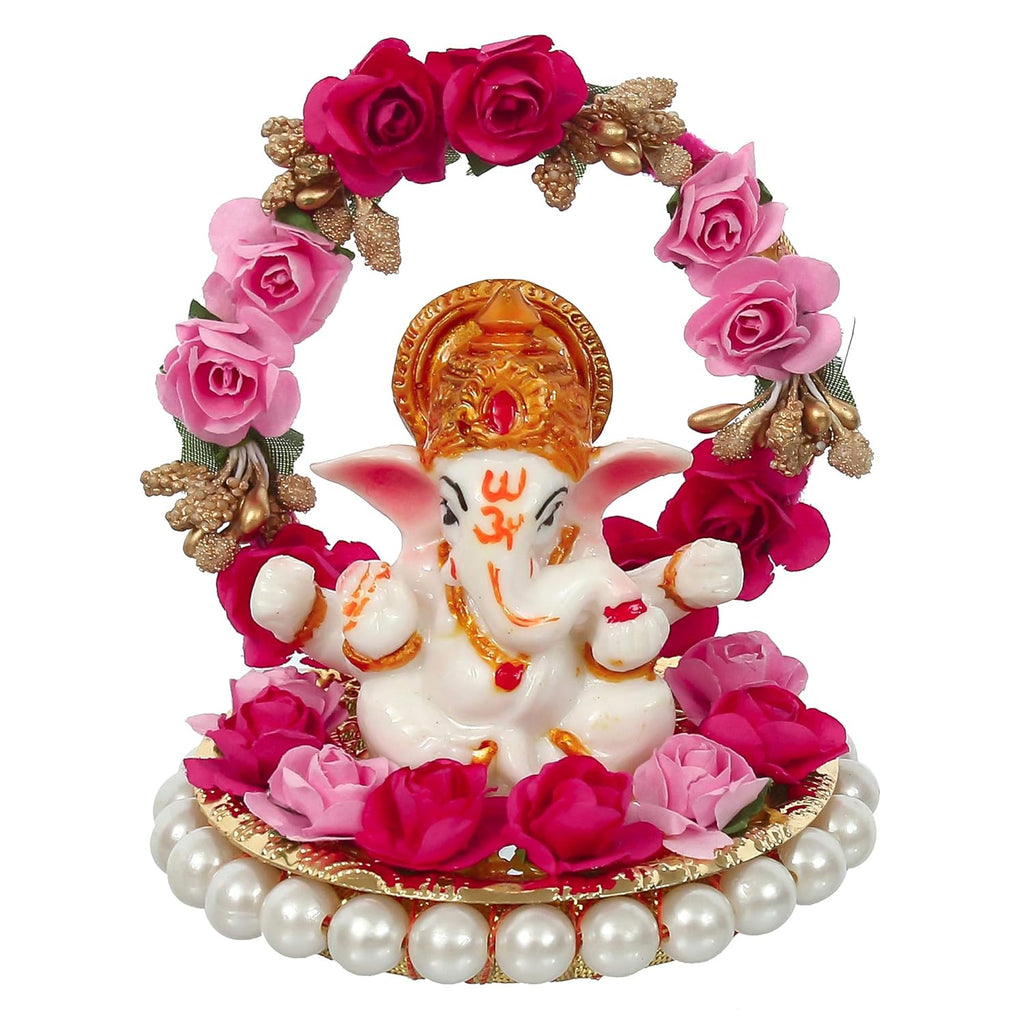 Ecraftindia Lord Ganesha Idol on Decorative Handcrafted Plate With Throne of Pink and Red Flowers