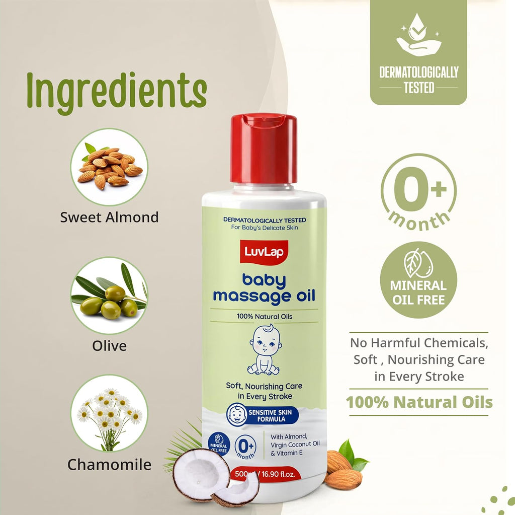 LuvLap Baby Massage Oil with Almond, Virgin Coconut Oil & Vitamin E, Deep Nourishing, Skin Repair & Relaxation, Ayurvedic Non-Sticky Oil for Soft New Born Skin, 100% Natural, Derma Safe, 500ml
