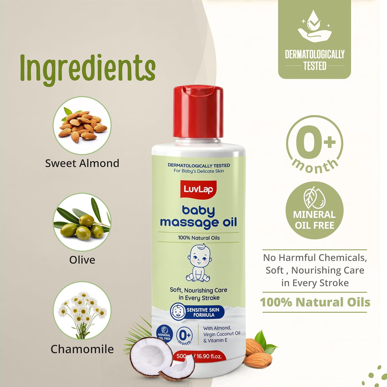 LuvLap Baby Massage Oil with Almond, Virgin Coconut Oil & Vitamin E, Deep Nourishing, Skin Repair & Relaxation, Ayurvedic Non-Sticky Oil for Soft New Born Skin, 100% Natural, Derma Safe, 500ml
