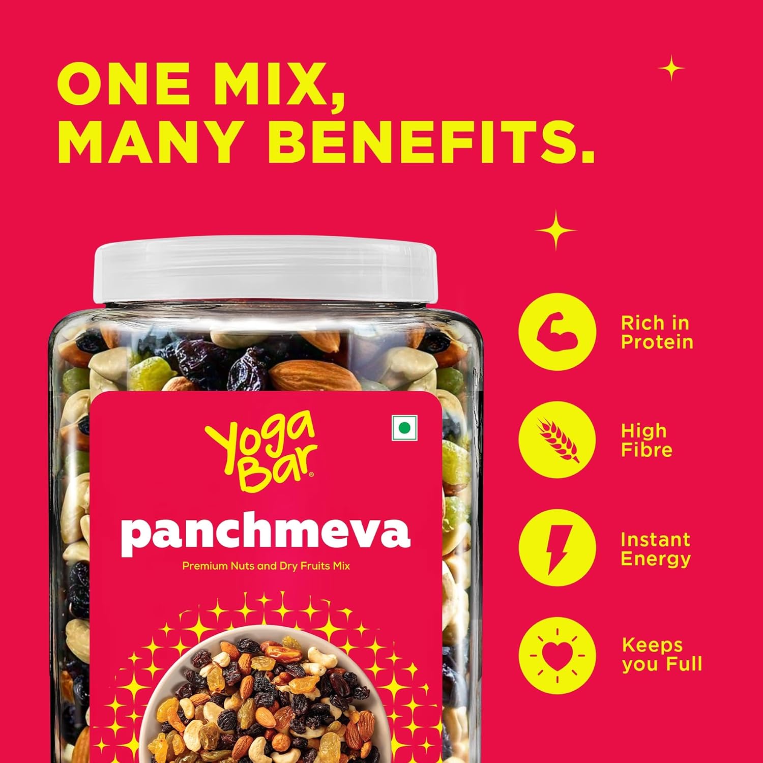 Yogabar Panch Meva Premium Nuts and Dry Fruits Mix- 850 gm-Jar | Almonds | Cashews | Raisin | Dates