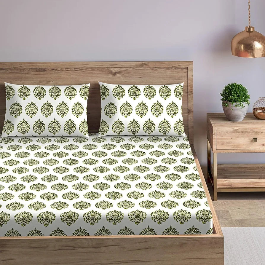 Trance Home Linen 100% Cotton 78"X60" Standard Queen Size Elastic Fitted Bedsheet Printed Queen Size with 2 Pillow Covers 200 tc Colour Damask Forest Green