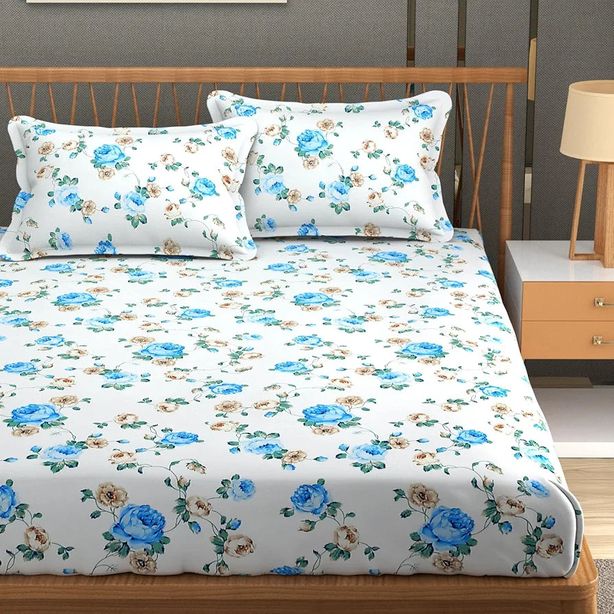 Homefab India 180 TC Glace Cotton Double BedSheet with 2 Pillow Covers Blue