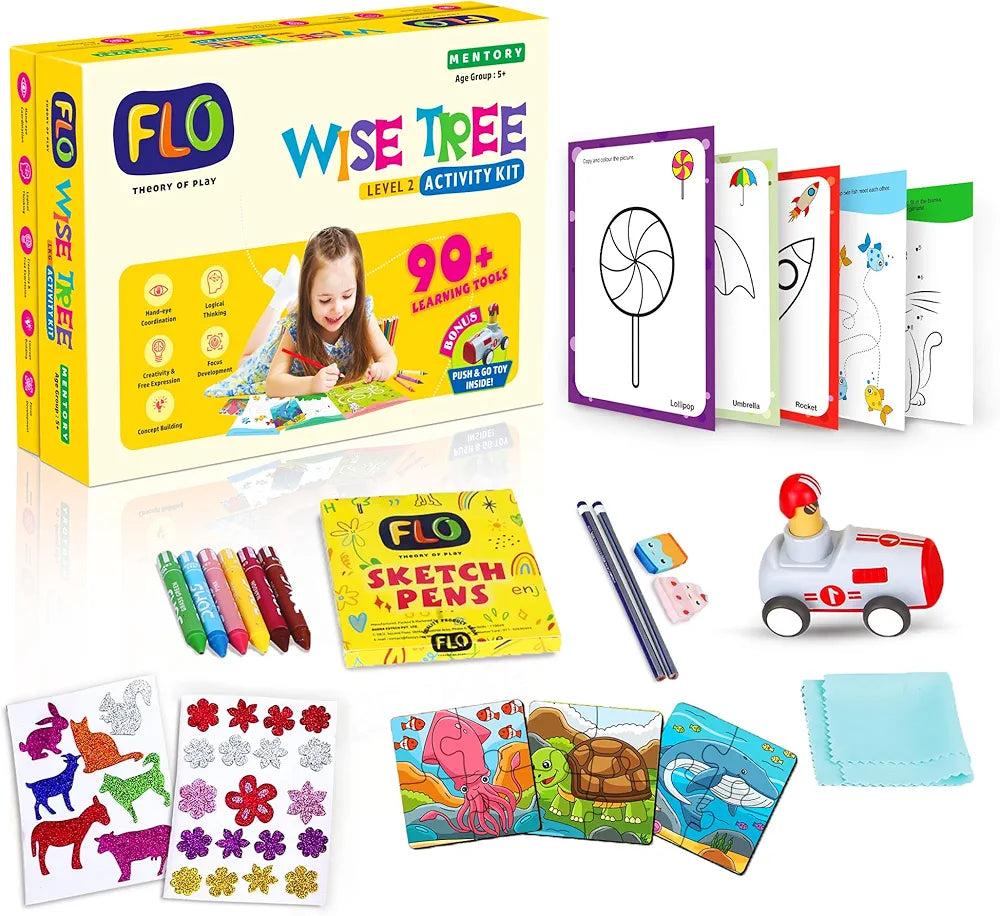 FLO Wisetree Level 2 Preschool Learning Activity Kit for Toddlers Age 5+ 90+ Early Learning Tools Birthday Gift Educational Toy Puzzle, Push-n-go Toy