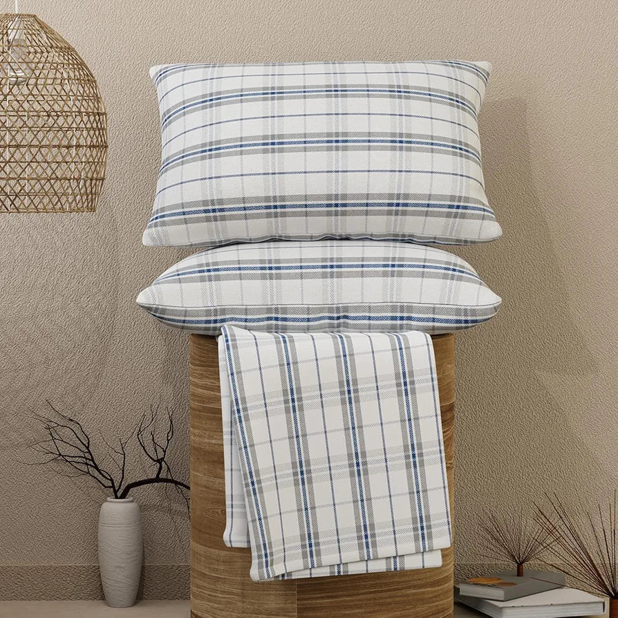 Layers Emaline Cotton King Bedsheet Set 1 King Cotton Bedsheet & 2 Pillow Covers Breathable & Anti-Wrinkle 144 TC White Abbot Checkered