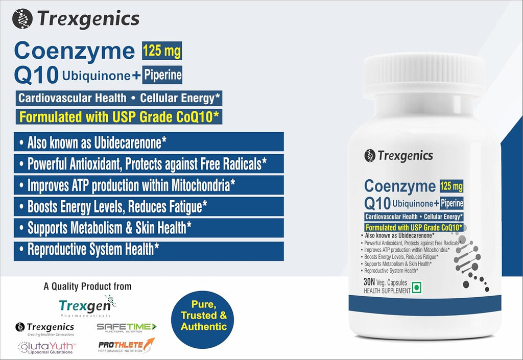 Trexgenics COENZYME Q10 125 mg USP grade Ubiquinone (Ubidecarenone) with Piperine 5 mg Antioxidant, Cellular Energy, Heart Health (30 Veg Capsules))