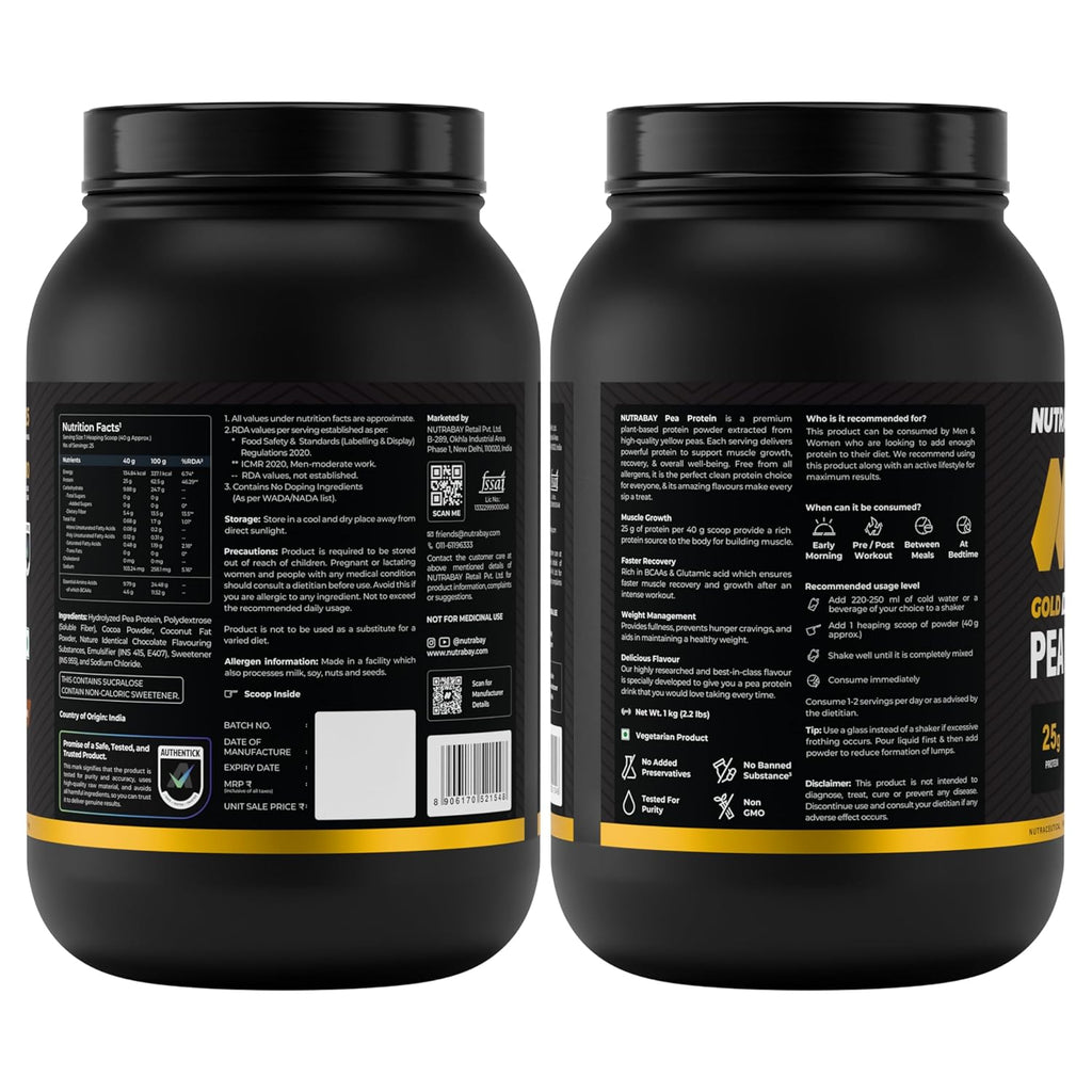 NUTRABAY Gold 100% Pea Protein Powder - 1kg, Rich Chocolate CrÃ¨me | 25g Protein, 4.6g BCAA, 5g Fiber | Complete Amino Profile | Tastiest & Smoothest Vegan, Plant Protein | Muscle Gain & Fast Recovery