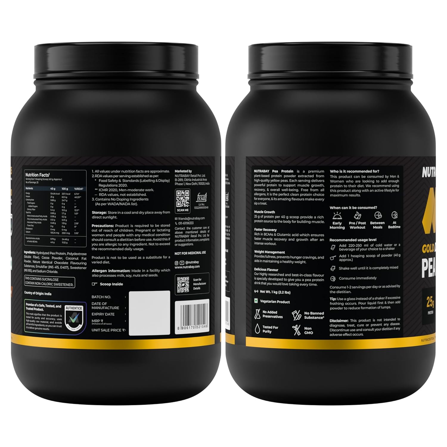 NUTRABAY Gold 100% Pea Protein Powder - 1kg, Rich Chocolate CrÃ¨me | 25g Protein, 4.6g BCAA, 5g Fiber | Complete Amino Profile | Tastiest & Smoothest Vegan, Plant Protein | Muscle Gain & Fast Recovery