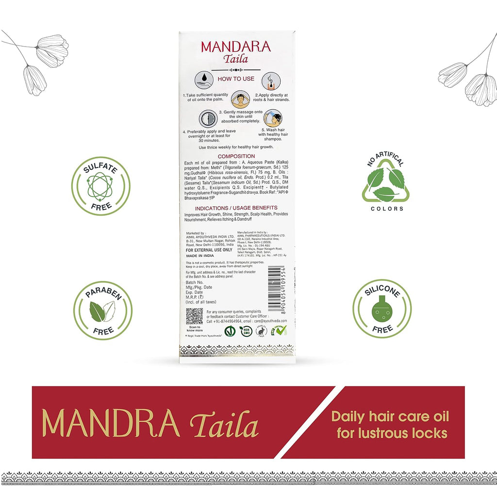 Ayouthveda Mandara Taila Daily Hair Care Oil for Lustrous Look | With the Benefits of Fenugreek Seeds and Sesame Oil | For Shinky & Healthy Hair |Daily Nourisher of Hair (Pack Of 1-100ml)