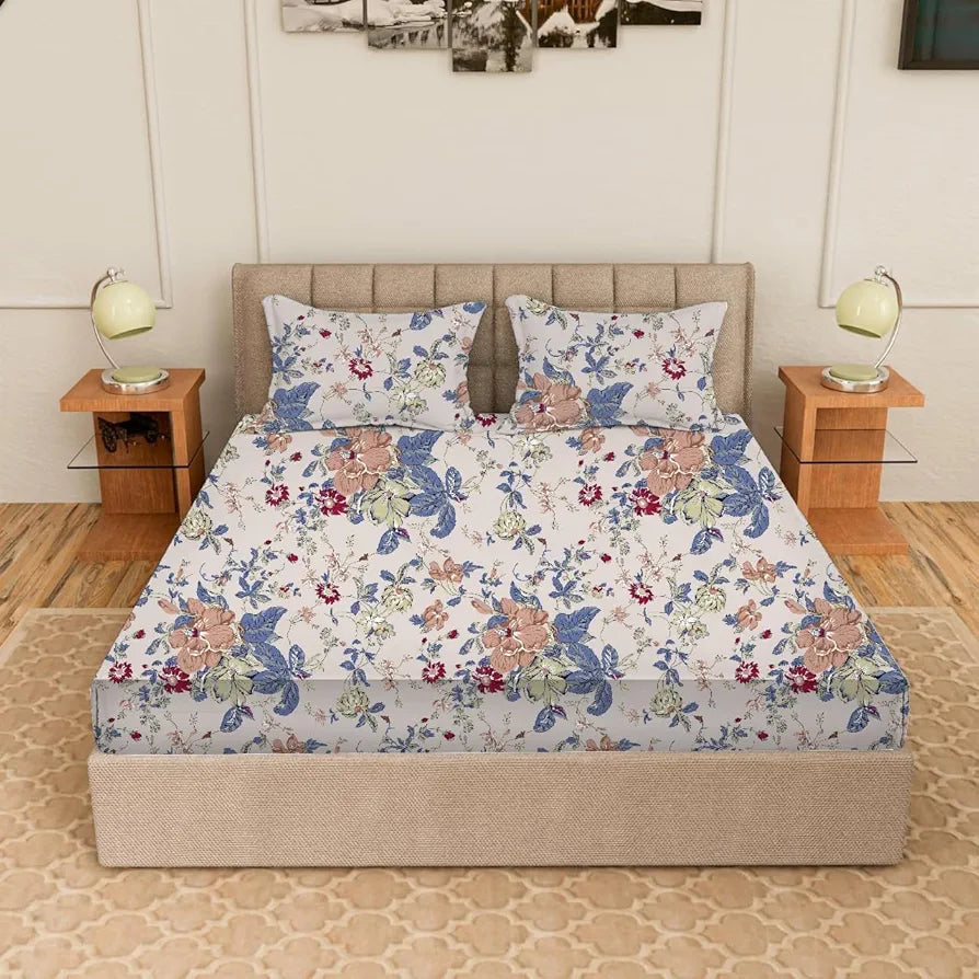 Trance Home Linen Skin Friendly 100% Cotton Printed Fitted Bedsheet for Queen Size Bed with 2 Pillow Cover Premium 180TC Colour Spring Foliage