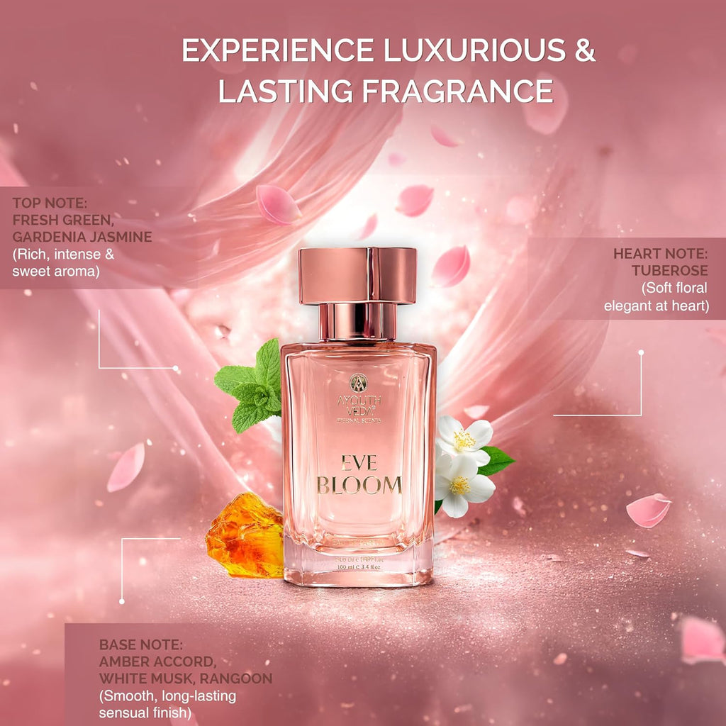 Ayouthveda Eve Bloom Eau De Parfum for Women | Long-Lasting Floral Luxury Perfume | Fresh Green, Gardenia Jasmine, Amber Accord & White Musk | Elegant Daily Wear Fragrance | 100ml