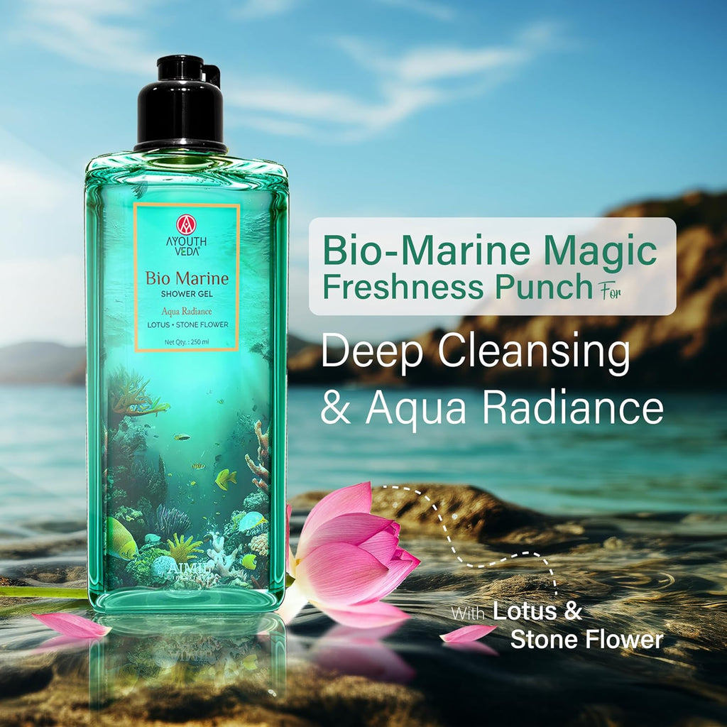Ayouthveda Bio Marine Shower Gel for Men & Women | Enriched with Lotus, Stone Flower & Water Chestnut | Detoxifies, Moisturizes & Rejuvenates | 250 ml