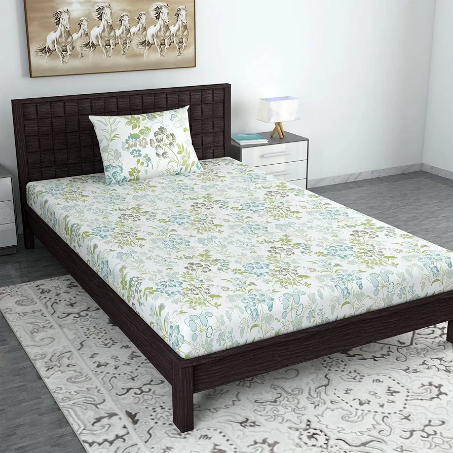 Divine Casa Bedsheet for Single Size Bed 144 TC Cotton Bedsheet for Single Size Bed with 1 Pillow Cover  Floral Colour Mint Blue