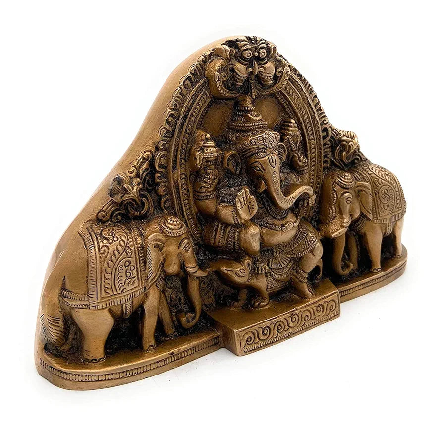 Chhariya Crafts Metal Wall Hanging Ganesha Idol with Elephant Pair Decorative Showpiece