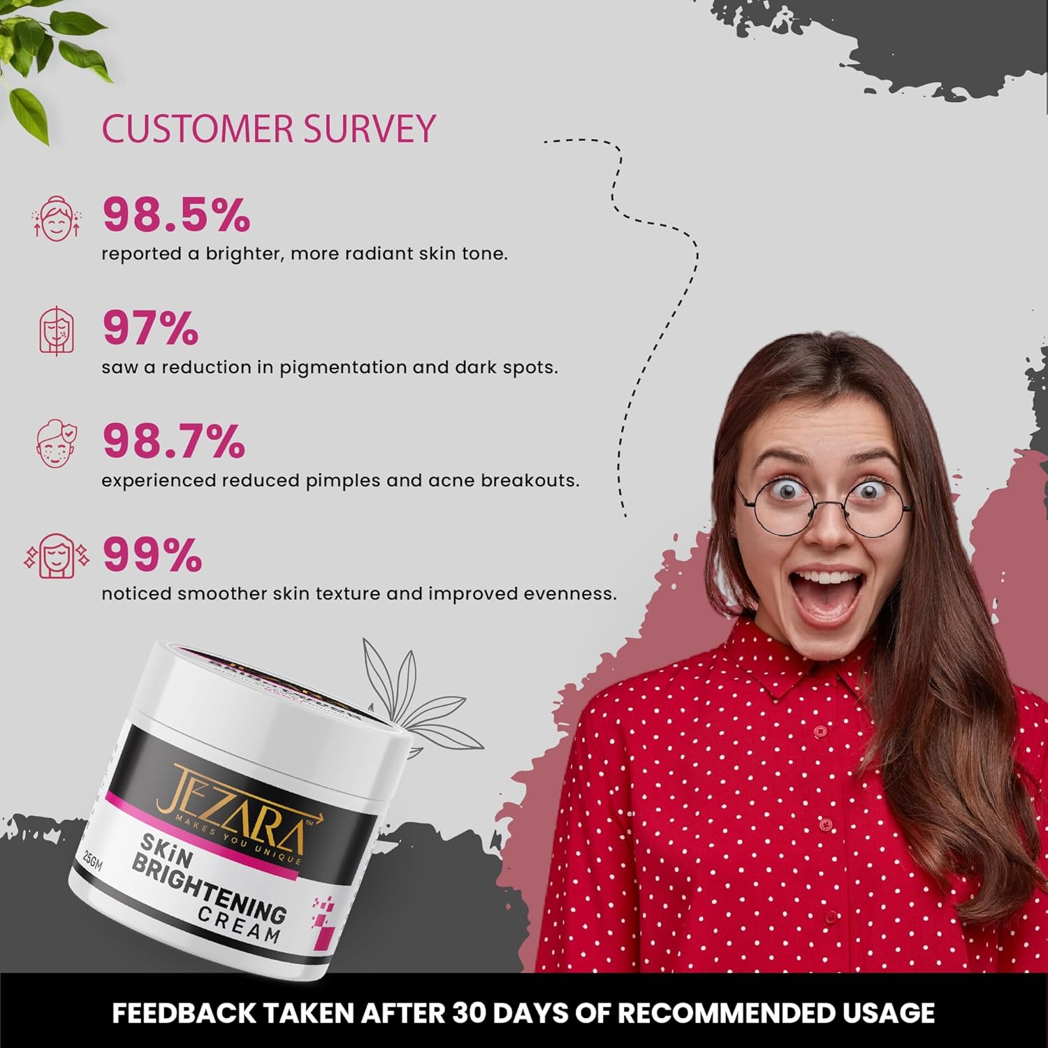 JEZARA Natural Skin Glowing Face Cream for Women & Men | SPF 50++ Sun Protection | Day & Night Cream for Pimples, Blackheads & Dead Skin | 45g