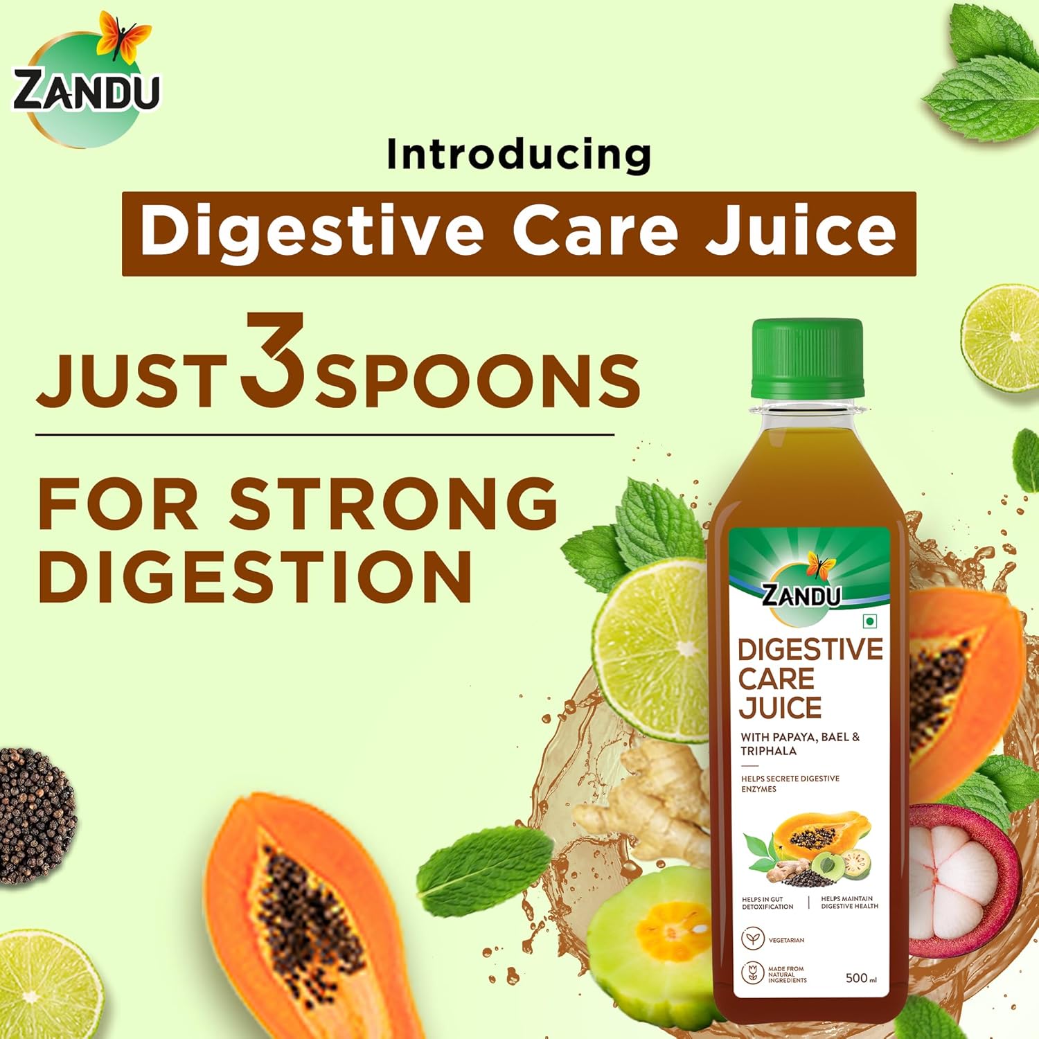 Zandu Digestive Care Juice, 500 ml, Enriched with Papaya, Triphala & Bael to improve Gut Health, Relieves Gas, Boosts Appetite, Scientifically Tested